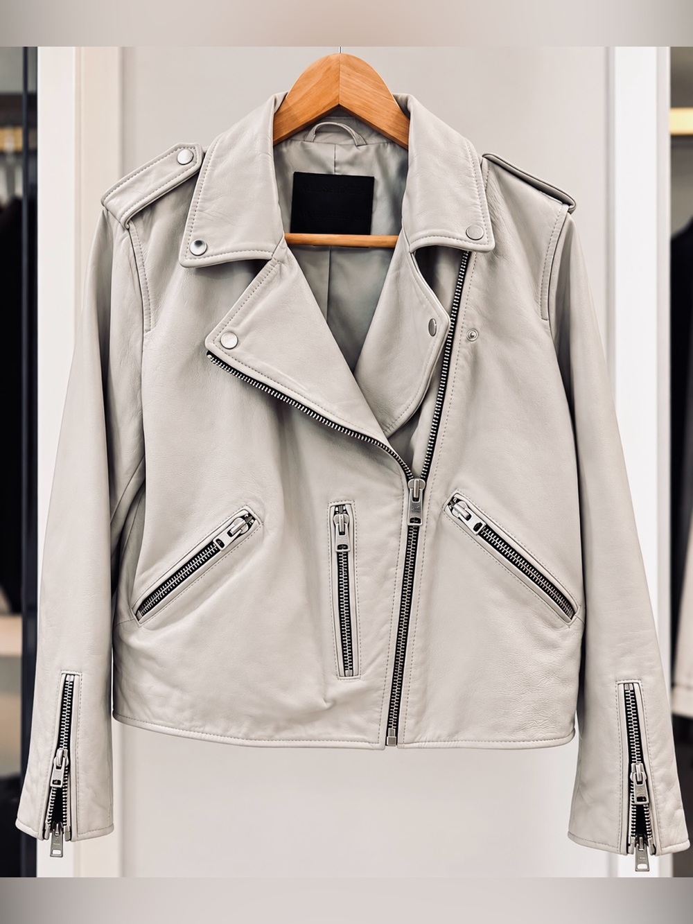 All Saints Balfern Leather Biker Jacket in Ultimate Grey